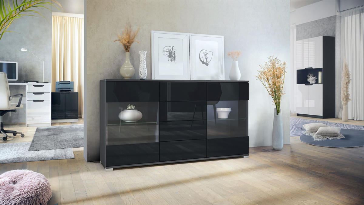 SIDEBOARD Bari Schwarz Hochglanz - Schwarz Hochglanz, Holzwerkstoff (138.5/75.5/35cm) - Vladon