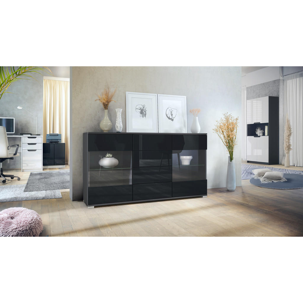 Thumbnail - Vladon Sideboard, Schwarz Hochglanz, Holzwerkstoff, 138.5x75.5x35 cm, Wohnzimmer, Kommoden & Sideboards, Sideboards