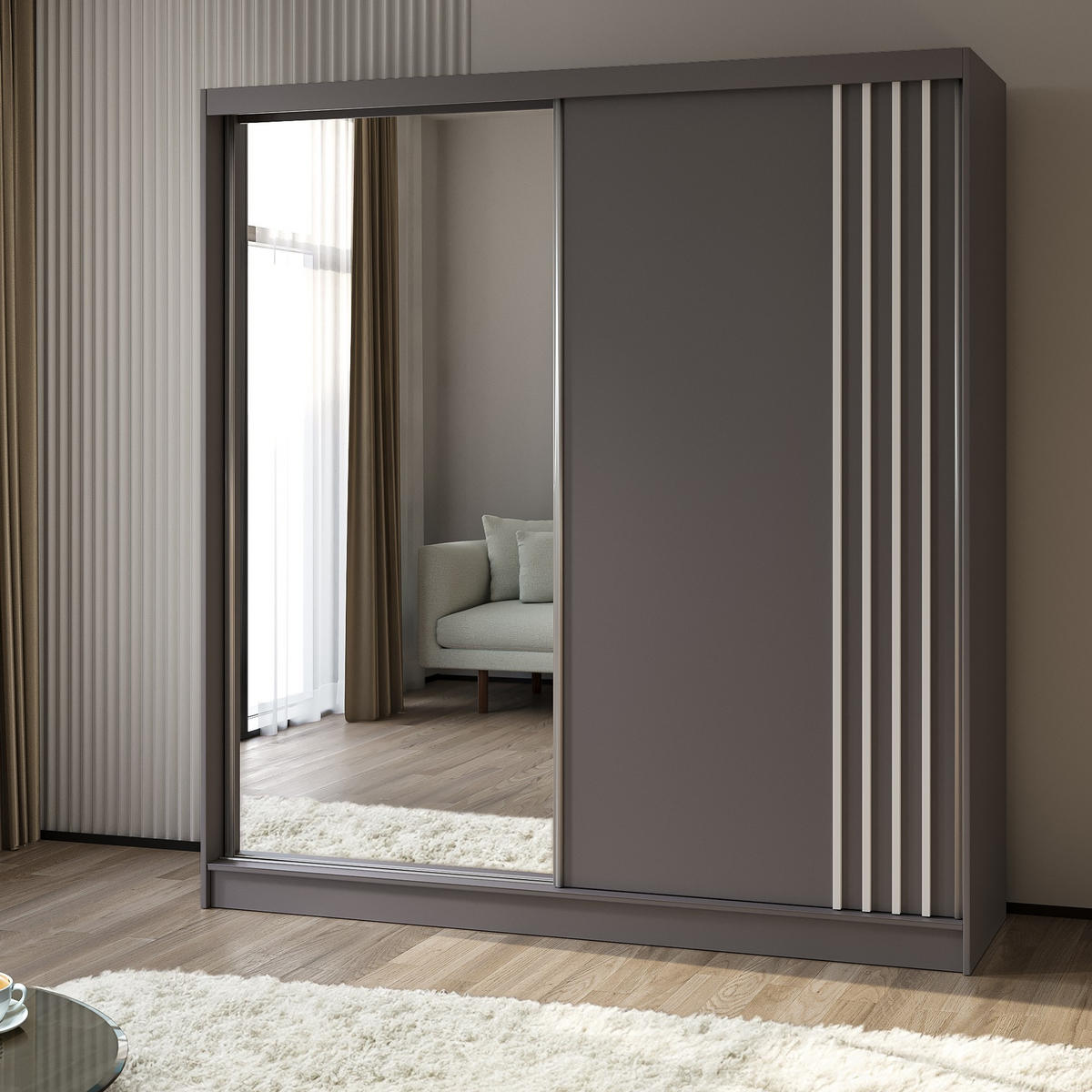 SCHWEBETÜRENSCHRANK NELVIA 200/216/61 cm 2-türig mit Spiegel Grau - Grau, Holzwerkstoff (200/216/61cm) - MASSENO