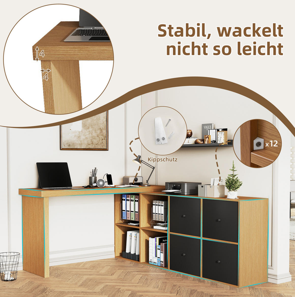 SCHREIBTISCH drehbar L-Form 120x48x78 cm MDF Black/Oak - Schwarz, Holz (140/120/78cm) - Meubliv