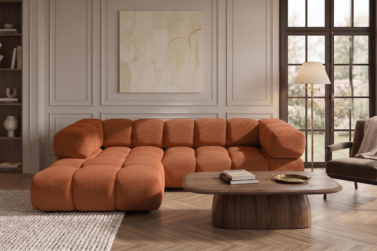 ECKSOFA L-FORM, Strukturierter Premiumstoff Sonic, Kupfer, Links, Averro - Orange, Holz (280/150cm) - Kaiser Möbel