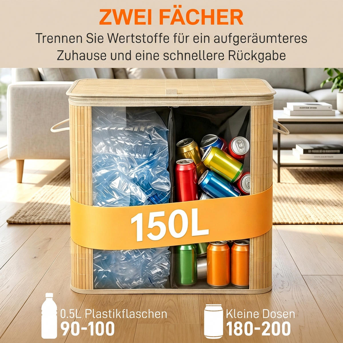 PFANDFLASCHEN-SAMMELBEHÄLTER Polyester Bambus Naturholz - Naturfarben, Holz (41/60/62cm) - HOMCOM