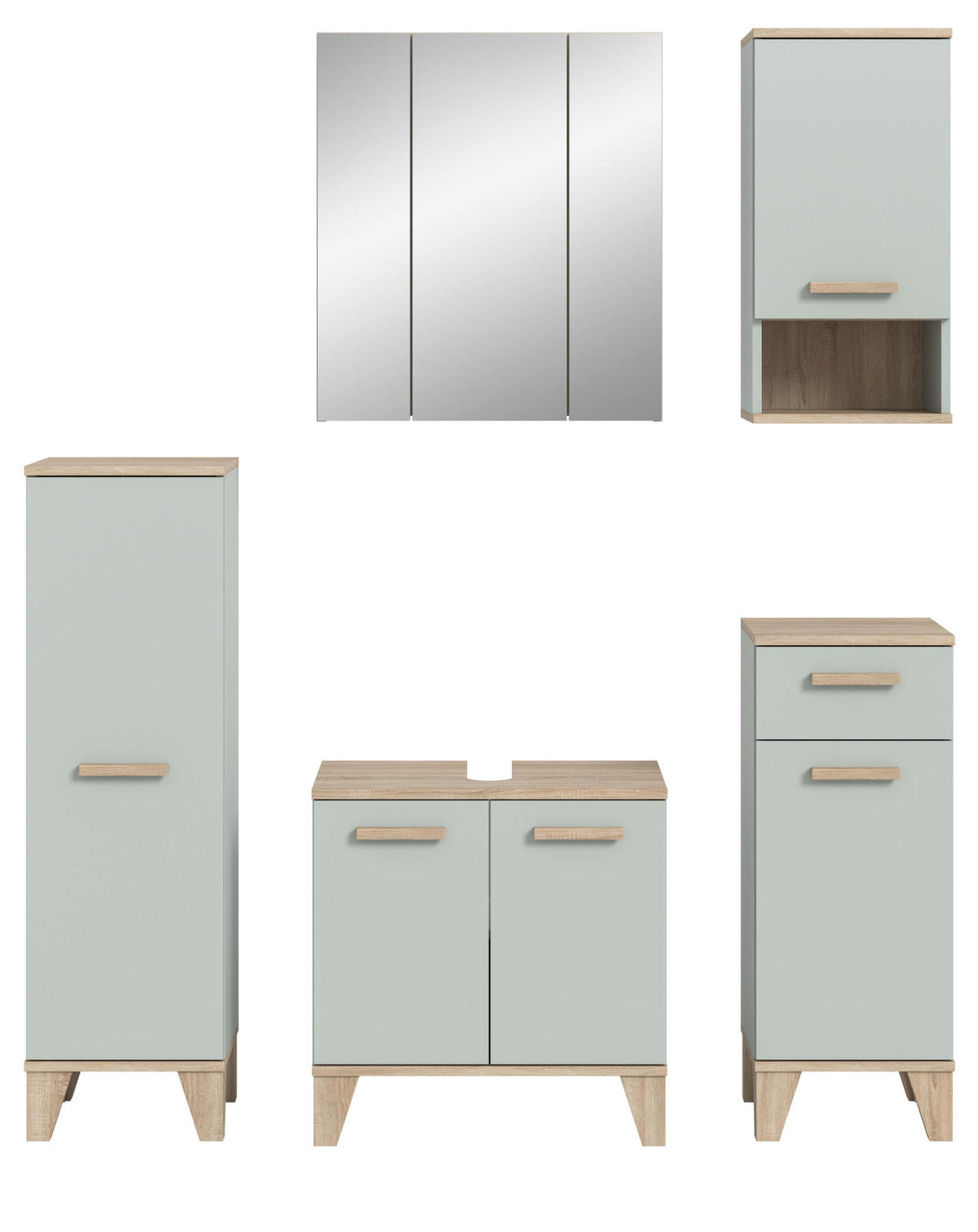 BADMÖBEL-SET 5-teilig grün, Eiche 158 x 190 cm, Komplettset mit viel Stauraum - Eichefarben/Grün, Glas/Holzwerkstoff (158/190/34cm) - Inn.Furn