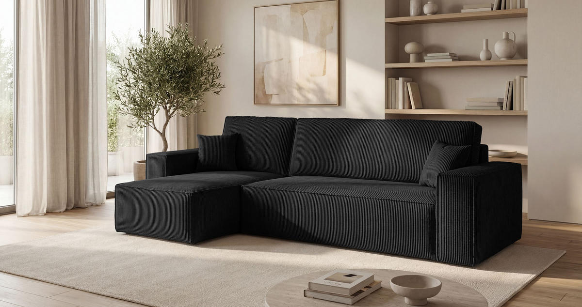ECKSOFA CALIFORNIA MINI links schwarz Cord Poso 135 - Schlaffunktion, Bettkasten - Schwarz, Textil (245/140cm) - Cornero