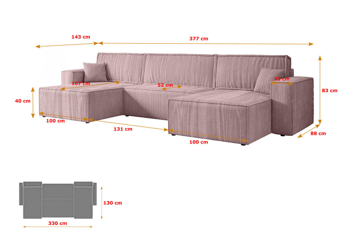 WOHNLANDSCHAFT mit Schlaffunktion und Bettkasten CELTIC-XLU - 377x143x83 cm Rosa Cord - Schwarz/Rosa, Holzwerkstoff/Kunststoff (377/83/143cm) - ALTDECOR