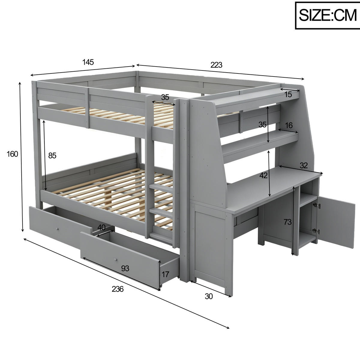 ETAGENBETT 140x200 cm in Grau mit Schreibtisch, Stauraum und 2 Schubladen - Grau, Holz (140/200cm) - IVMEU