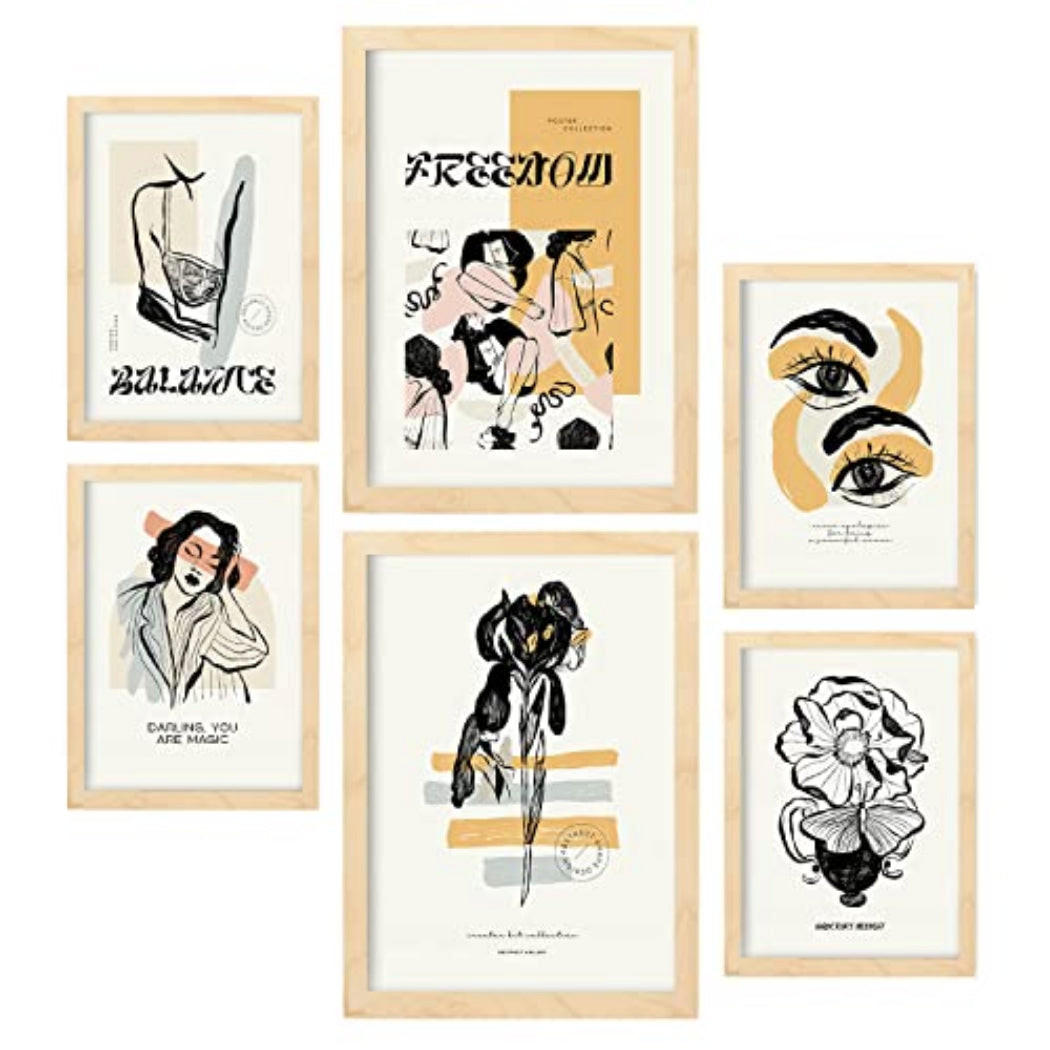 POSTER Set Mit 6 In Schwarzer Tinte Freiheit Kunstdrucke Im Skizzenstil Für Innenarchitektur A3 & A4 Rahmen Aus Hellem Holz - Beige, Papier (29/3cm) - Nacnic