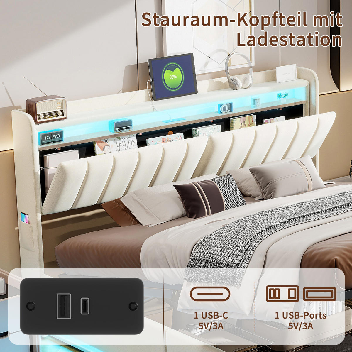 POLSTERBETT 160x200 cm mit USB/Typ-C Ladefunktion RGB-Beleuchtung 4 Schubladen & Kopfteil-Stauraum Samt Beige - Beige, Textil (160/200cm) - DELFA