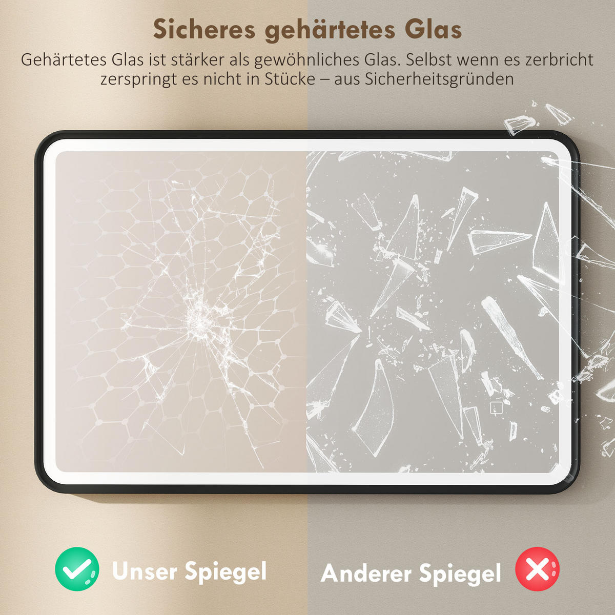 BADSPIEGEL mit Beleuchtung 90x60 cm LED Spiegel mit 3 Lichtfarben Dimmbar - Schwarz, Glas (4/90/60cm) - HOMCOM