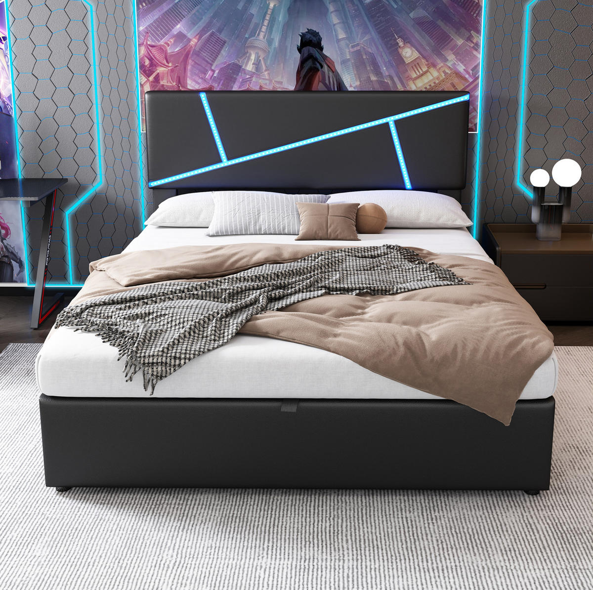 TAPECIRANI krevet 140/200 cm crni od PU-a s LED rasvjetom i spremištem - crna, plastika (140/200cm) - OKWISH