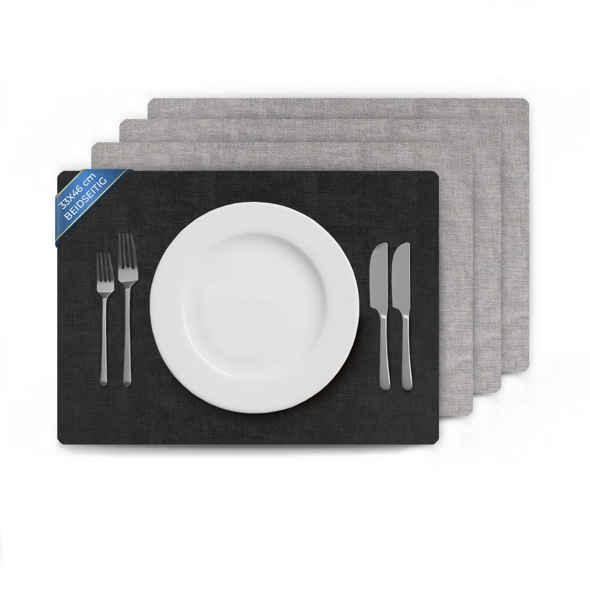 TISCHSET Struktur ( 4er Set ) abwischbares Lederimitat Platzdeckchen 46x33cm - Doppelseitiges ( Schwarz / Hellgrau ) Kunstleder Platzset - Hellgrau, Kunststoff (33/46cm) - Bestlivings