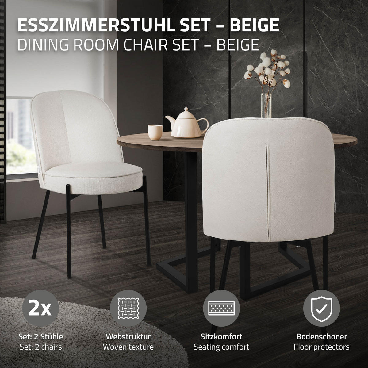 JÍDELNÍ ŽIDLE, sada 6 ks, béžová, s látkovým potahem - černá/béžová, kov/textil (50/83/63cm) - ML-DESIGN