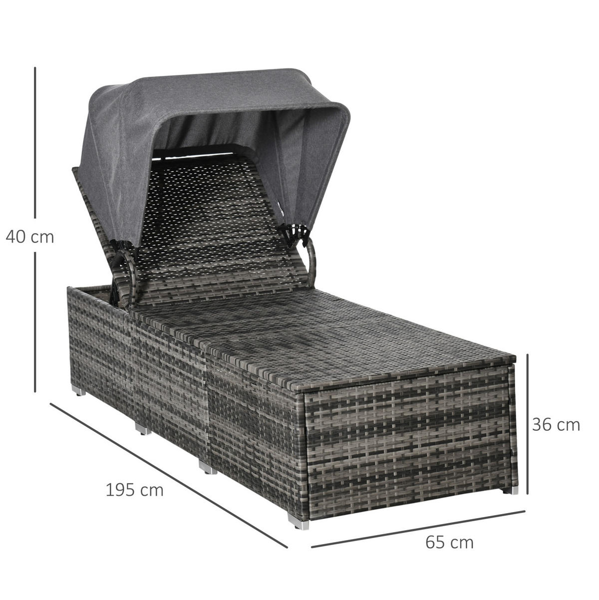 SONNENLIEGE aus PE-Rattan 195x65x40 cm in Grau mit Baldachin - Grau, Metall (65/40/195cm) - Modfu