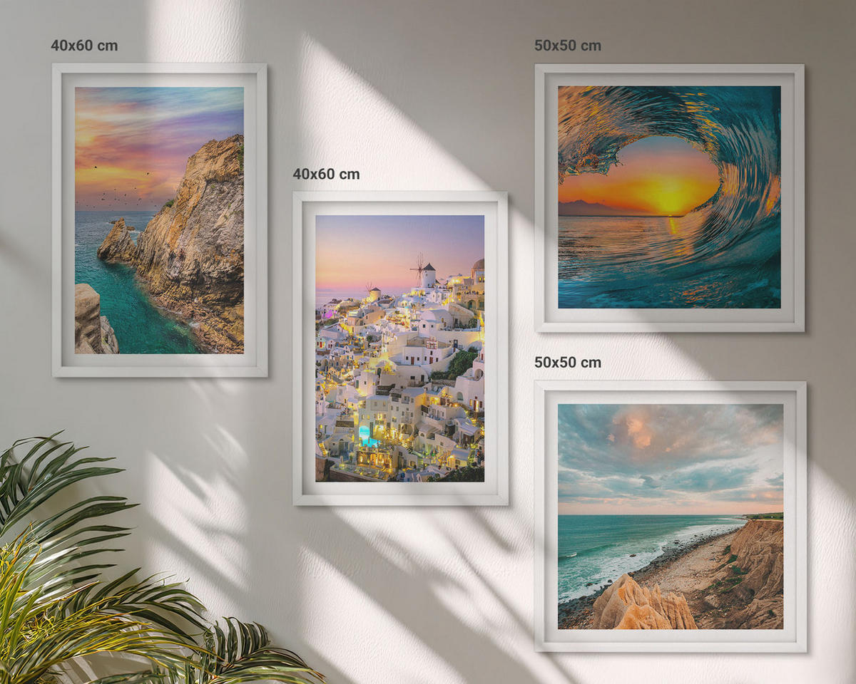 BILDER SET 4er Set - 50x50 cm & 40x60 cm Weißer Rahmen - Meereswellen, weiße Häuser, Santorini - Weiß, Kunststoff (50/50cm) - TULUP