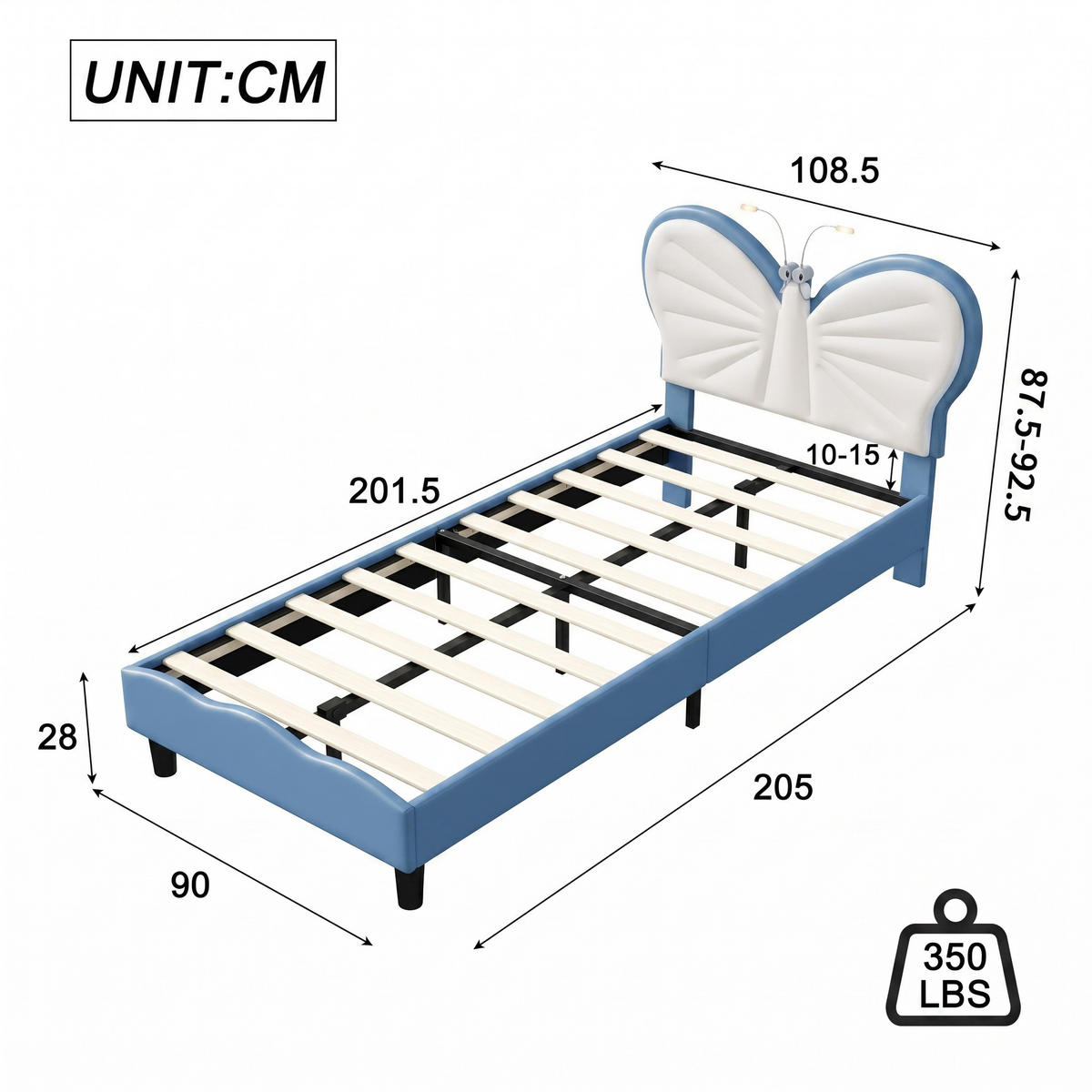 KINDERBETT Schmetterling mit LED-Leselampen 90/200 cm Samt Blau - Blau, Textil (90/200cm) - Creahappy