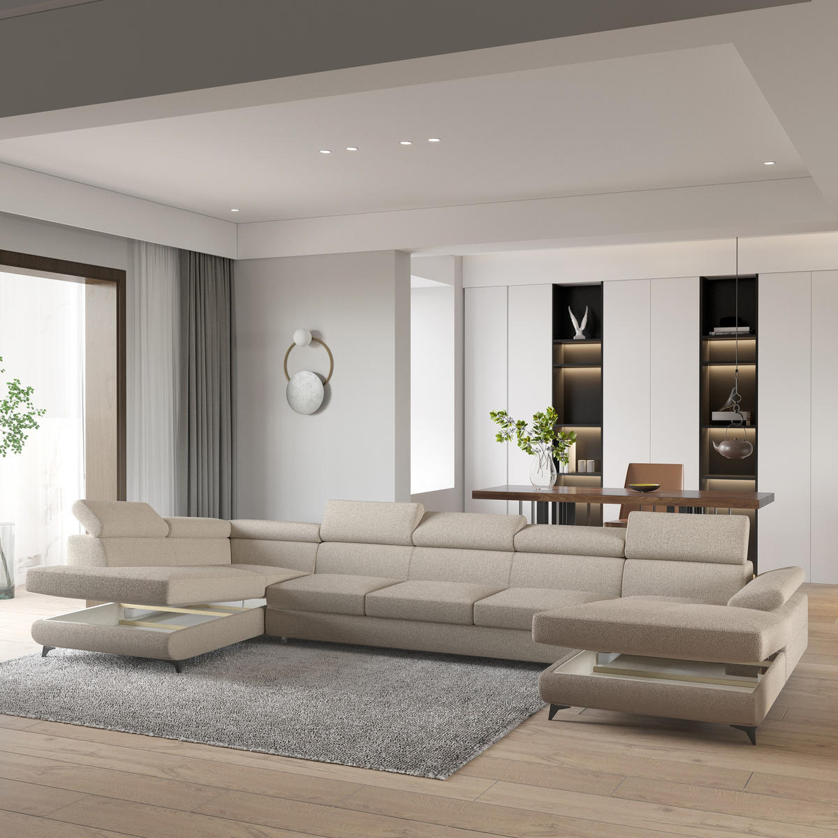 WOHNLANDSCHAFT MONTIVA Beige Boucle-Stoff mit Schlaffunktion - Beige, Holz (410/89/190cm) - MASSENO