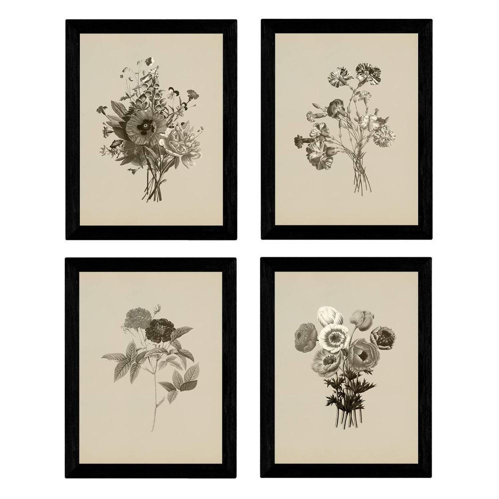 POSTER Set mit 4 Dunkelrot Botanischen Stil Jahrgang A4 Rahmenlos - Klar, Papier (29.7/3cm) - Nacnic