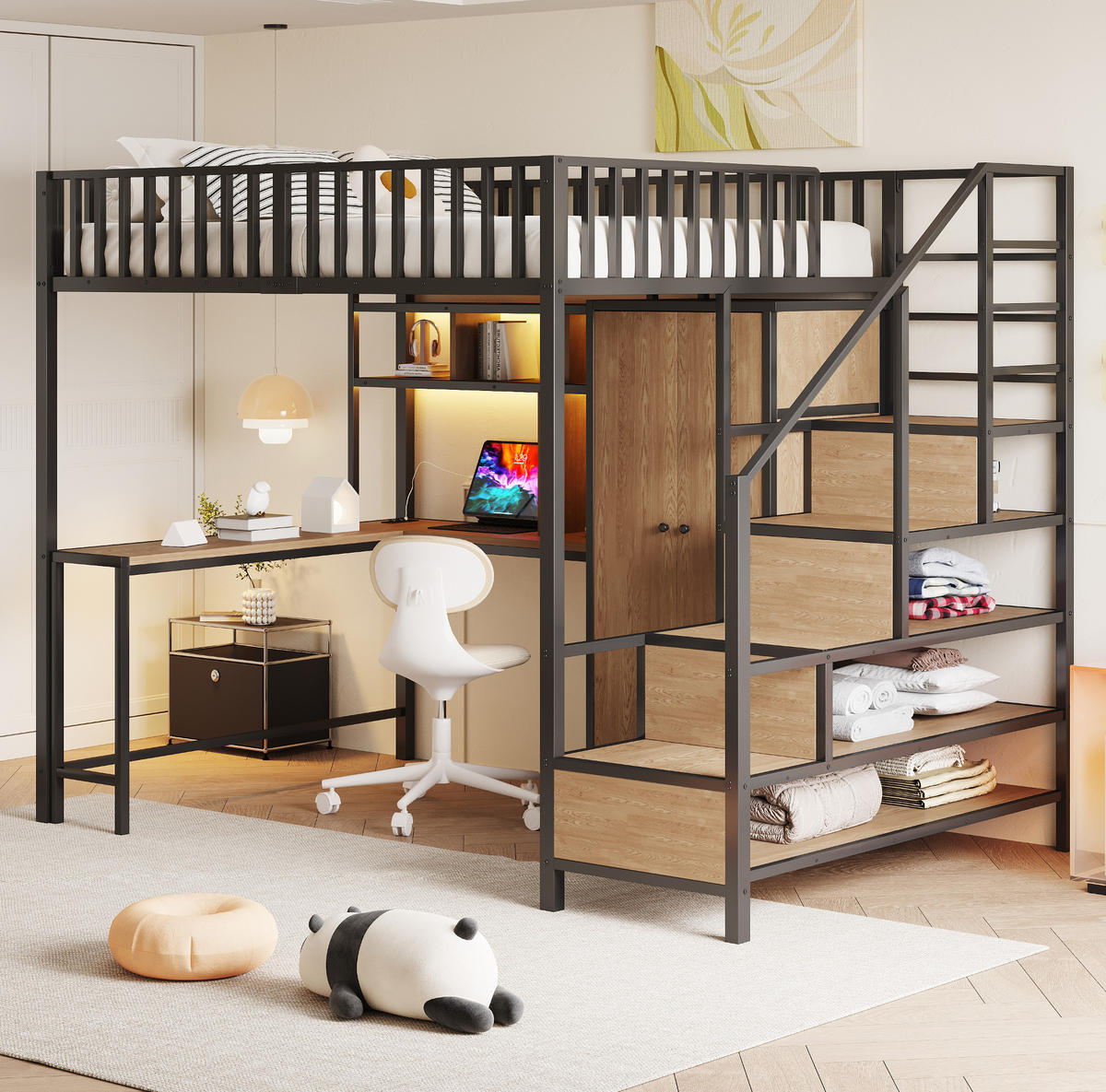 HOCHBETT aus Metall 140x200 cm Schwarz mit Schreibtisch, Kleiderschrank, Regalen, LED und Steckdose - Schwarz, Metall (90/190cm) - Modfu
