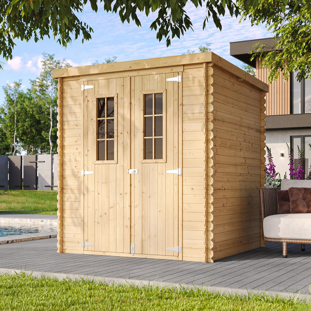 GARTENHAUS HOLZ mit imprägniertem Boden B204xL204xH200 cm/ 3.53 m2 M309C+M309G - Beige, Holz (204/200/204cm) - Timbela