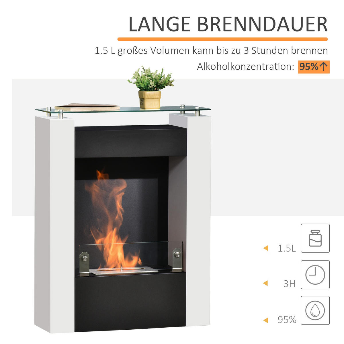 ETHANOL-KAMIN Bio-Ethanol-Brenner 1993W 3 Std. kein Rauch Weiß+Schwarz - Weiß, Metall (20/79/60cm) - HOMCOM