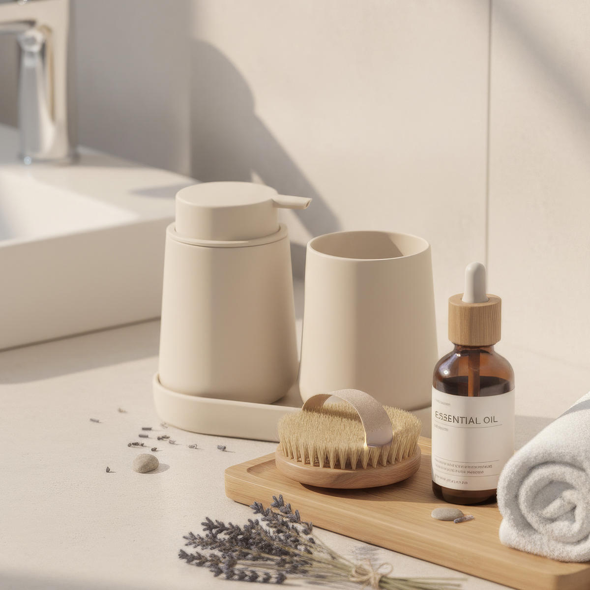 BAD-ACCESSOIRES-SET TESERO, Soft-Touch, beige - Beige, Kunststoff (18.5/13.5/10cm) - eluno