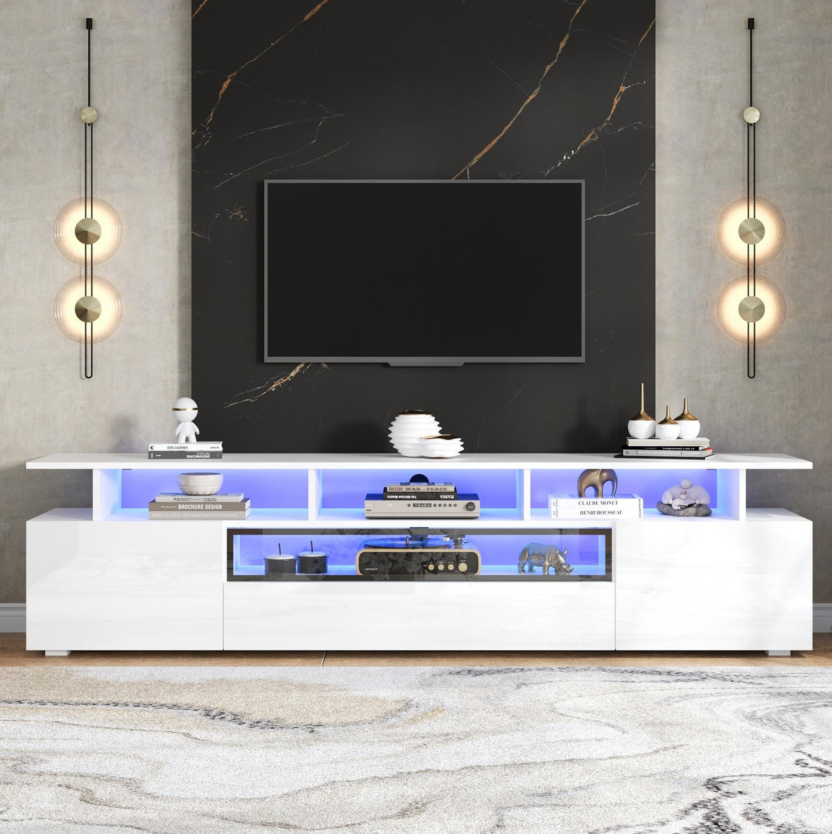 TV-LOWBOARD 180/38/45 cm mit LED-Beleuchtung, 2 Türen, 1 Schublade und Hochglanzfront, Weiß - Weiß, Holzwerkstoff (180/45/38cm) - Redom