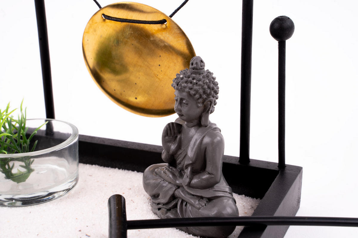 ZEN-GARTEN Buddha mit Gong auf Platte - Schwarz, Holzwerkstoff (12/16/15cm) - Atmosphera Createur d´interieur
