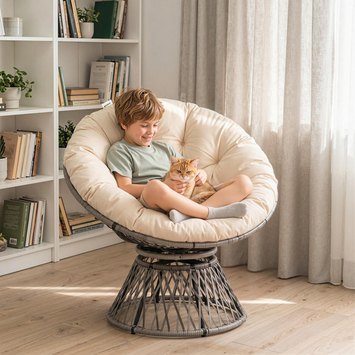 PAPASANOVÉ KŘESLO s polstrováním 360 stupňů ratanové béžové Š87 x H97 x V86 cm - béžová, plast (97/90/87cm) - Outsunny