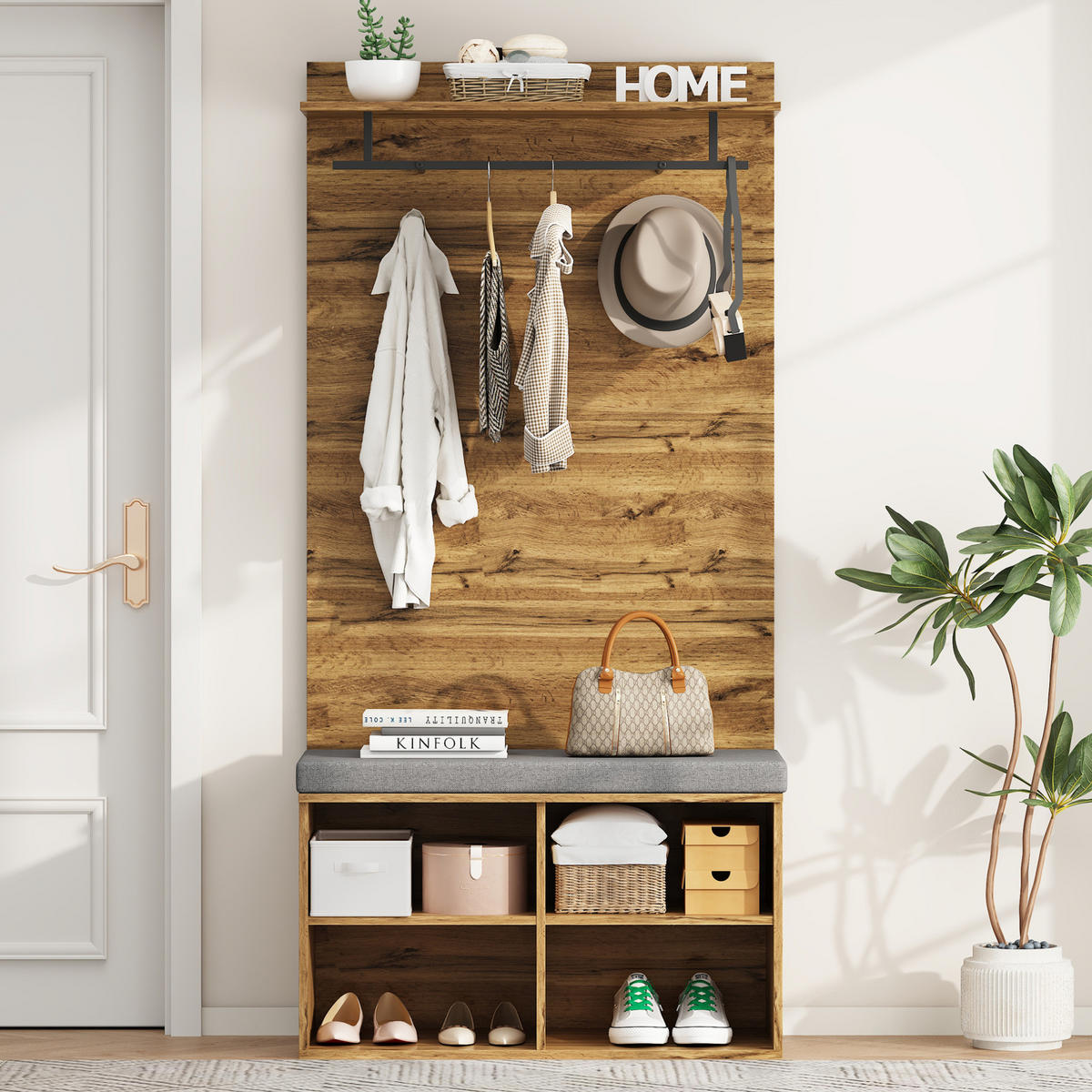 GARDEROBENSET 84/35/175 cm aus Spanplatte mit Schuhbank, verstellbarem Regal und Kleiderstange, Eichefarben - Eichefarben, Holzwerkstoff (84/175/35cm) - Redom