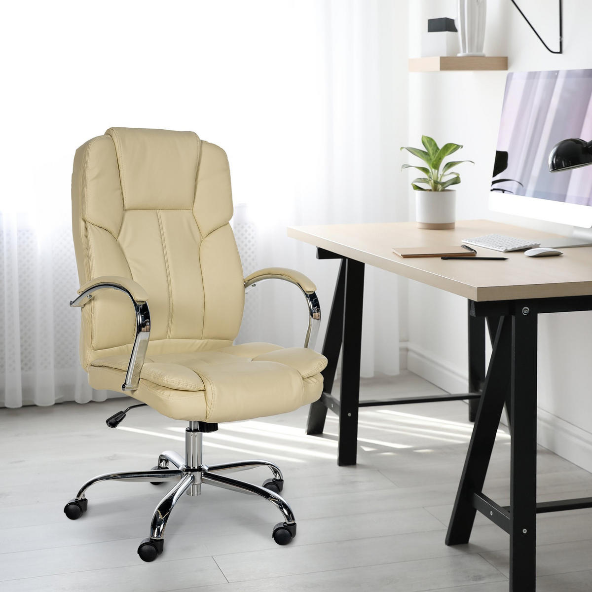 CHEFSESSEL Lederlook Creme - Chromfarben/Creme, Textil/Metall (62/115/70cm) - CLP