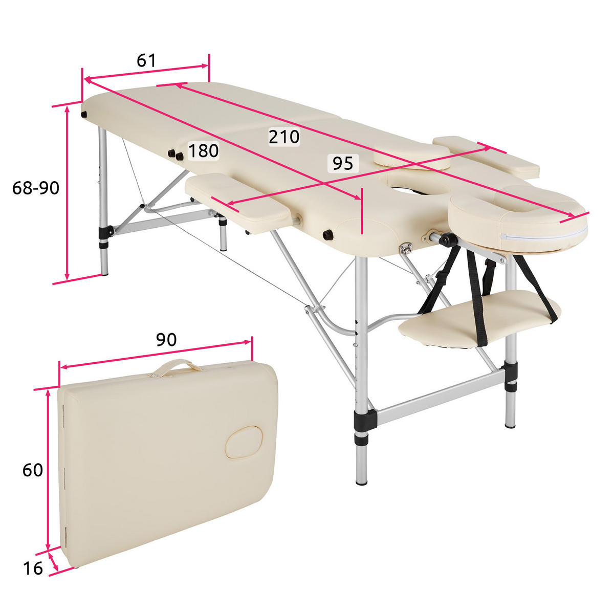 MASSAGELIEGE 2 Zonen, 210 x 95 x 89 cm,beige - Beige, Metall (60/89/205cm) - tectake