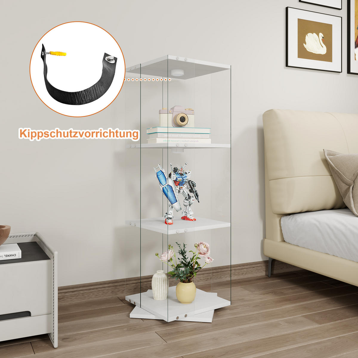DREHVITRINE 360° mit RGB LED, 3 Ebenen, Glasvitrine weiß für Deko - Weiß, Glas (38/121/38cm) - SHOPENTRA