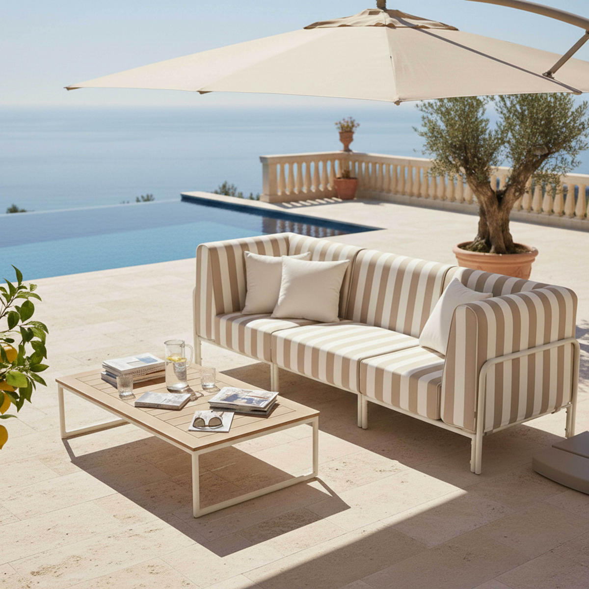 GARTENSOFA mit 3 Sitzplätzen, Beige - Beige, Metall - Oviala