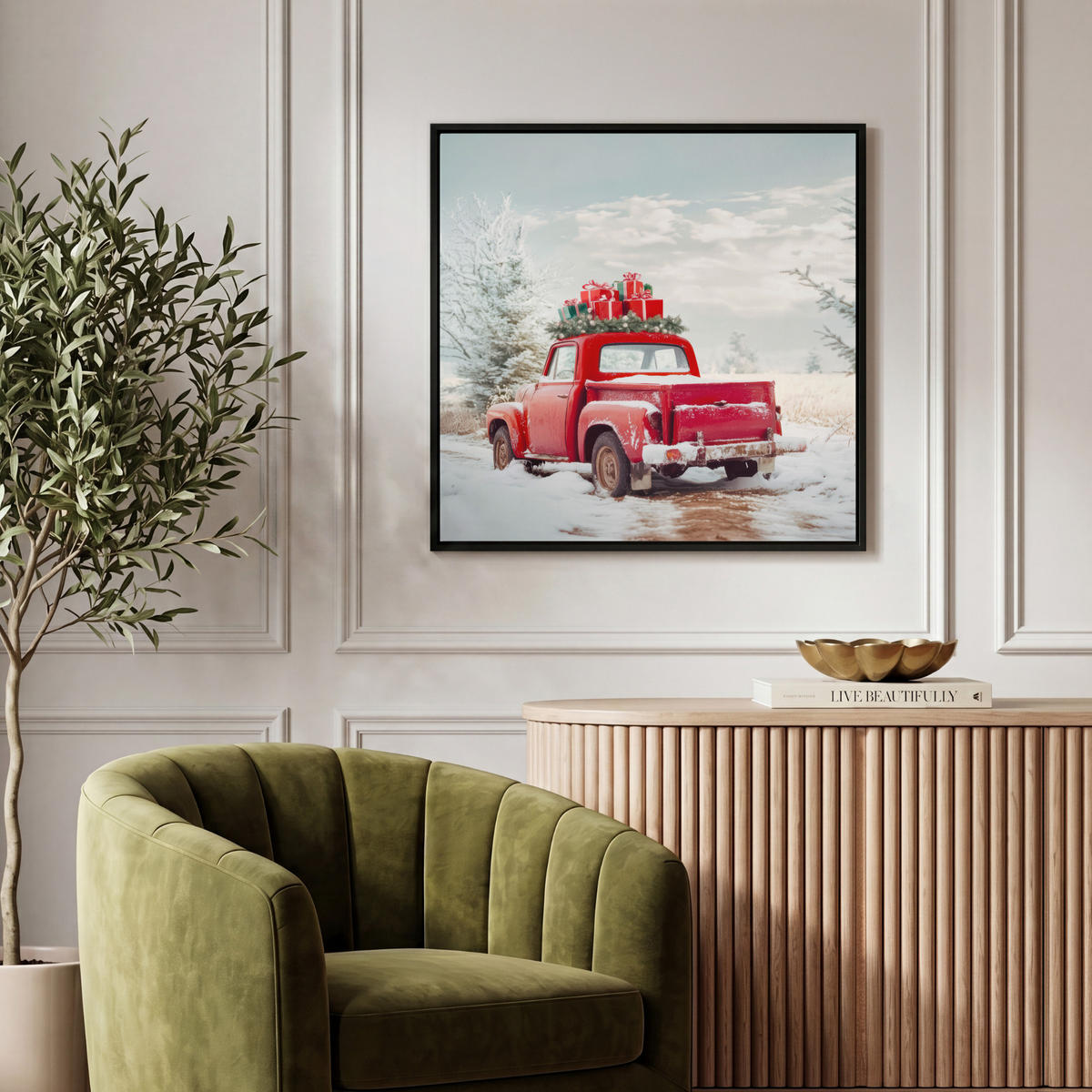 LEINWAND Bilder mit Rahmen - Auto - Rot - Geschenke - Winter - Schnee - Weihnachten - 50x50 - Rot, Textil (50/50cm) - MuchoWow