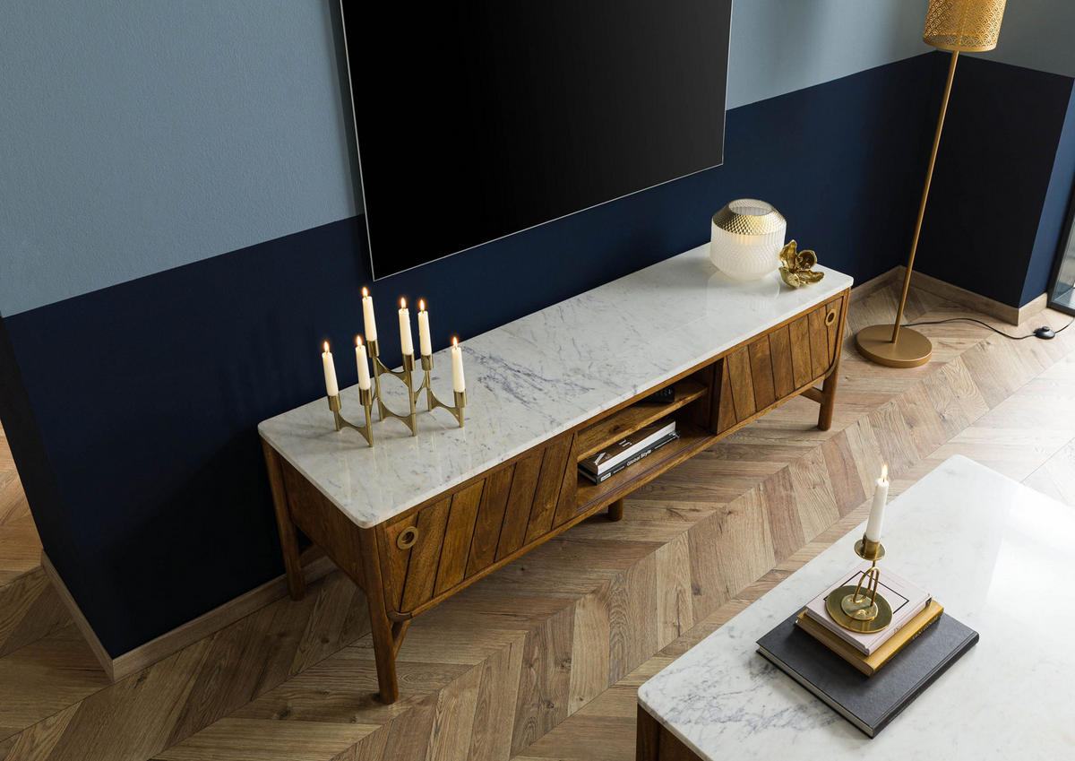 TV-BOARD Mango 160x45x50 braun geölt / echter Marmor LOS ANGELES #01 - Braun, Holz (160/50/45cm) - Massivmoebel24