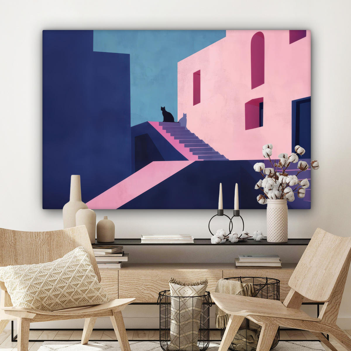 LEINWANDBILD Katze - Treppe - Gebäude - Schattenkontraste Wohnzimmer Groß 120x80 cm - Dunkelblau, Textil (120/80cm) - MuchoWow