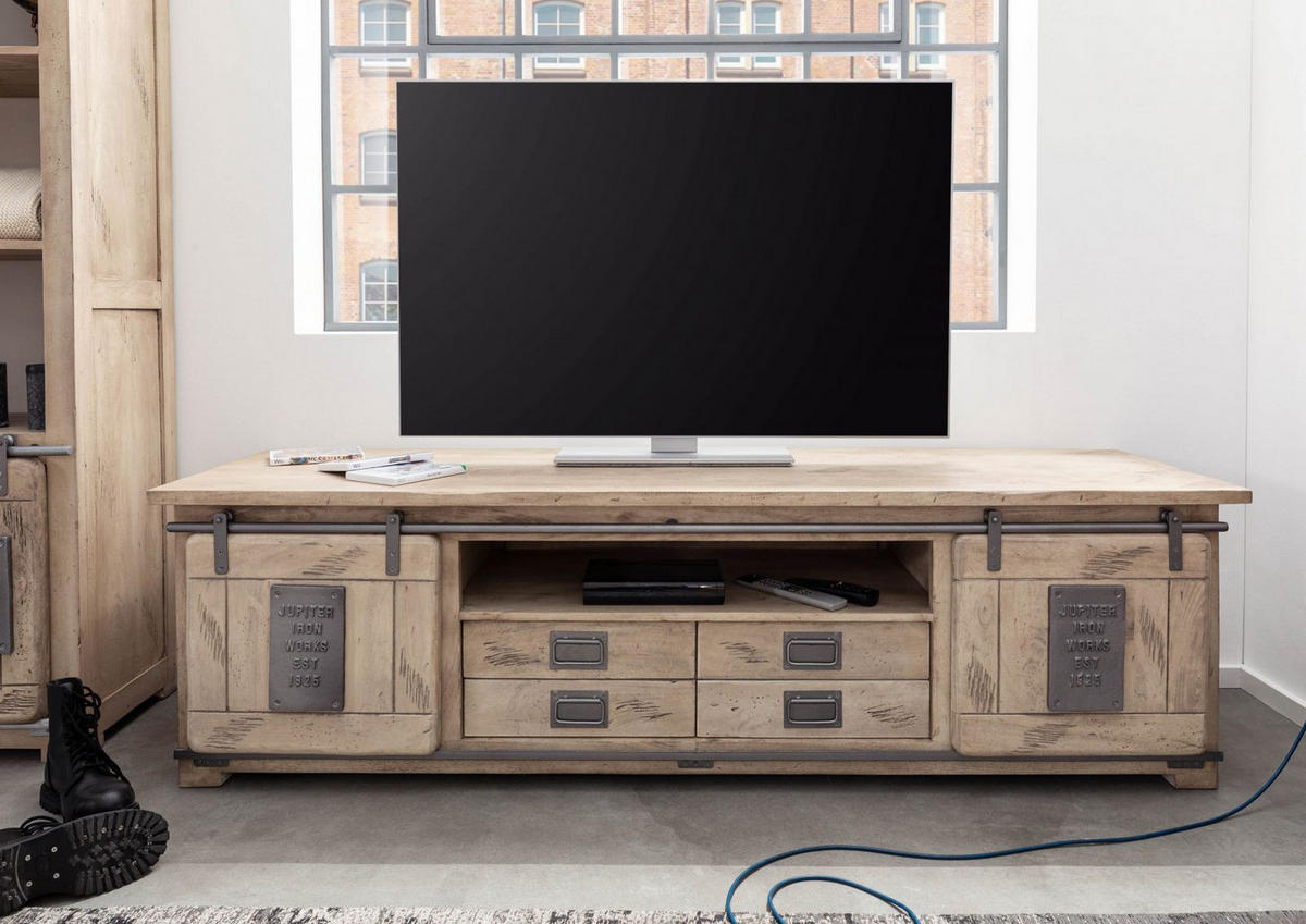 TV-BOARD Mango 200x55x55 whitewash lackiert RAILWAY #348 - Beige, Holz (200/55/55cm) - Massivmoebel24