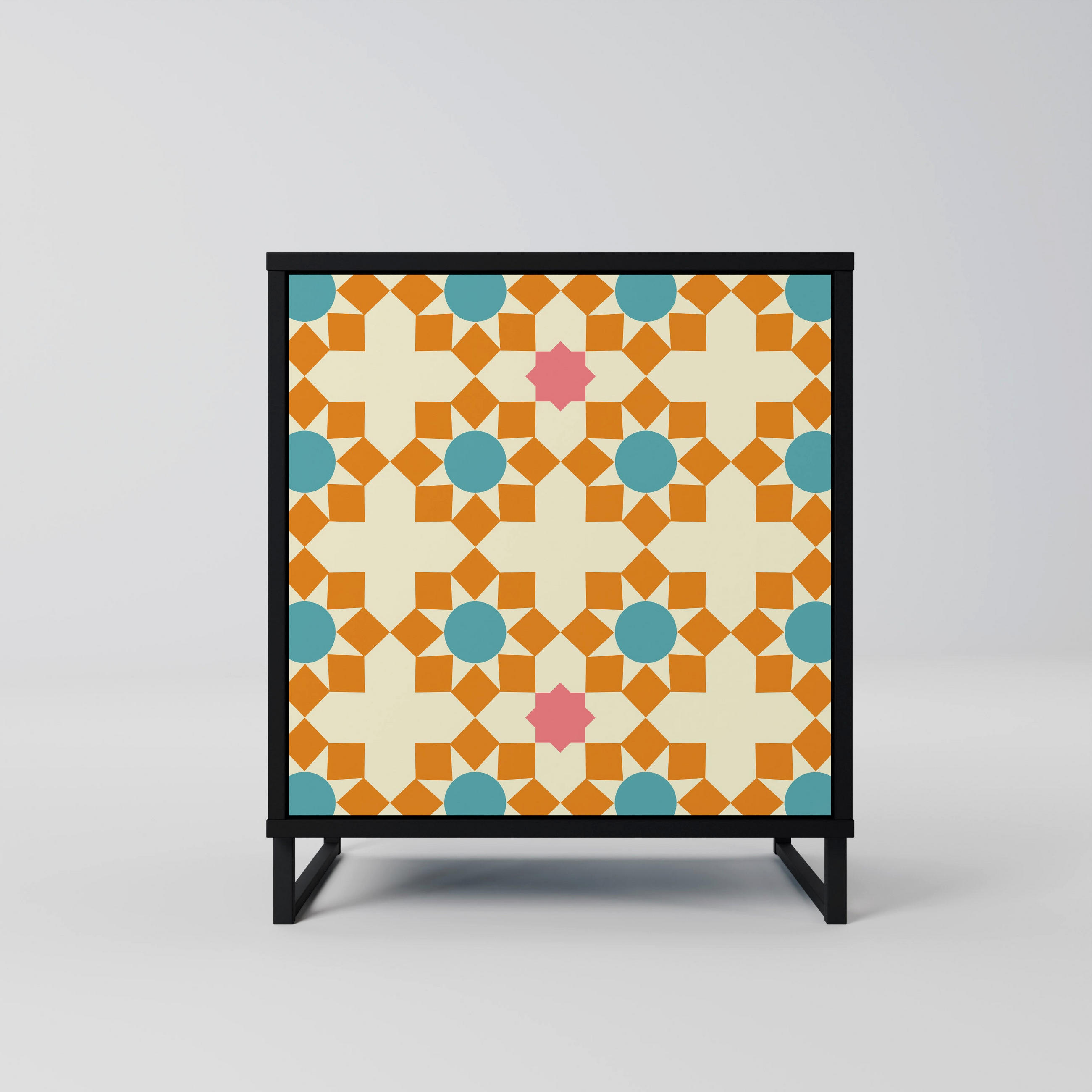 SIDEBOARD FLORAL DECOR, Schwarz, 57,5x42x67,5 cm, Schwarze Metall-Rahmenfüße - Multicolor/Schwarz, Holzwerkstoff/Metall (57.5/67.5/42cm) - SpaceRebels