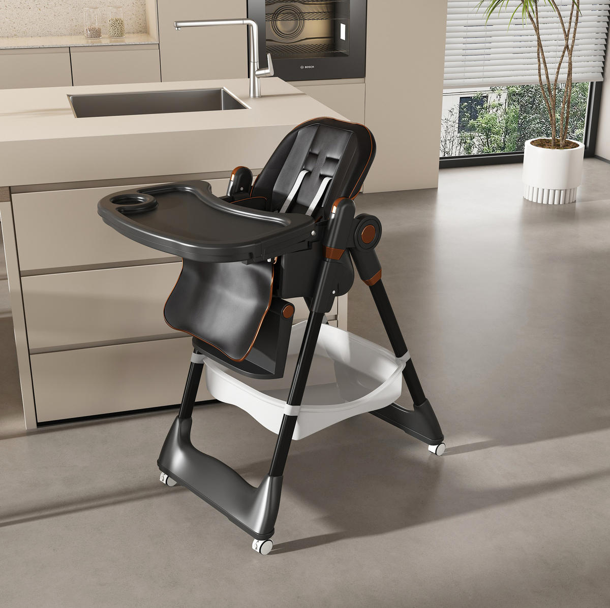 KINDERHOCHSTUHL 53/76/87 cm schwarz aus Polypropylen faltbar und höhenverstellbar - Schwarz, Kunststoff (76/95/53cm) - OKWISH