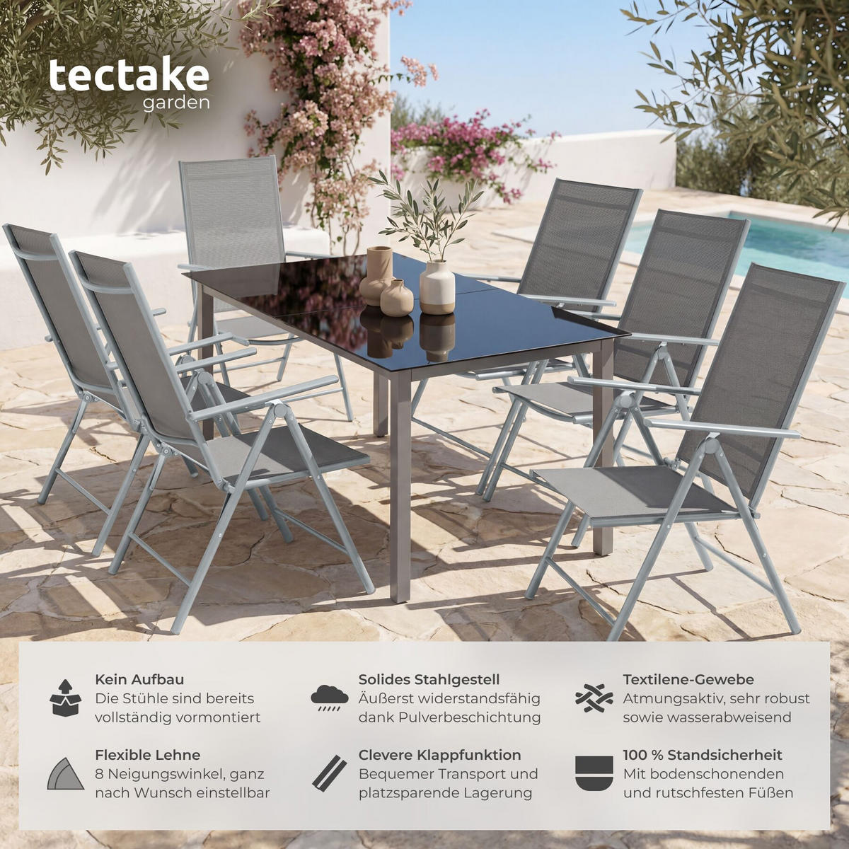 GARTENSTUHL 6er Set Marcellino, 54,5 x 65 x 107,5 cm, silber - Silberfarben, Metall (54.5/107.5/65cm) - tectake