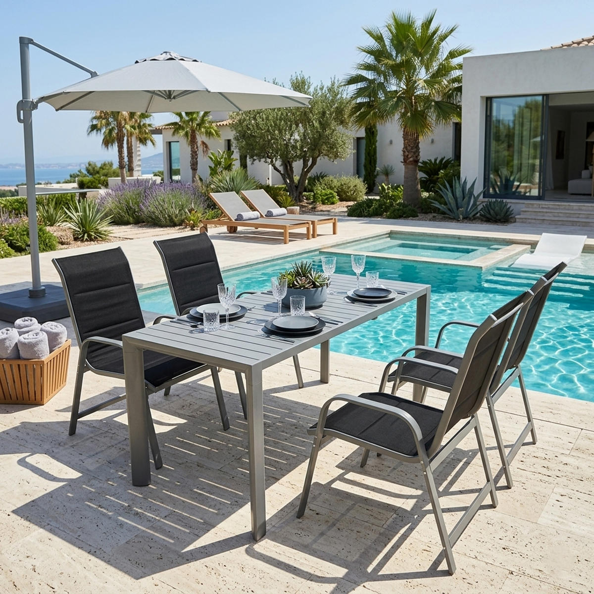 GARTEN-GARNITUR Ashford - 5-teilige Garten-Essgruppe (4x Stapelsessel Hochlehner Aluminium silbergrau + Textilgewebe gepolstert schwarz - Grau, Metall - TPFGarden