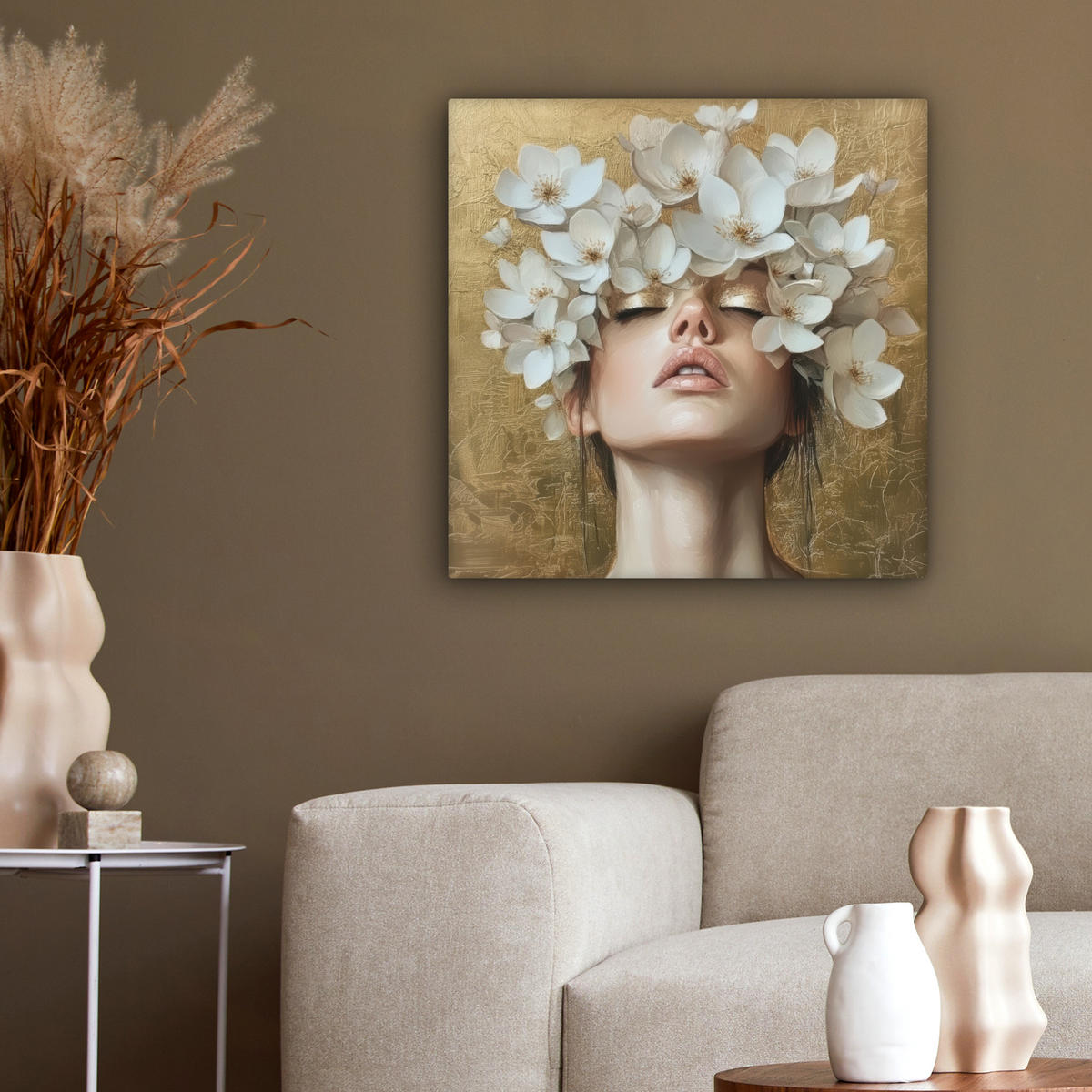 LEINWANDBILD Gesicht - Blumen - Gold - Abstrakt Wandbild Wohnzimmer 50x50 cm - Goldfarben, Textil (50/50cm) - MuchoWow