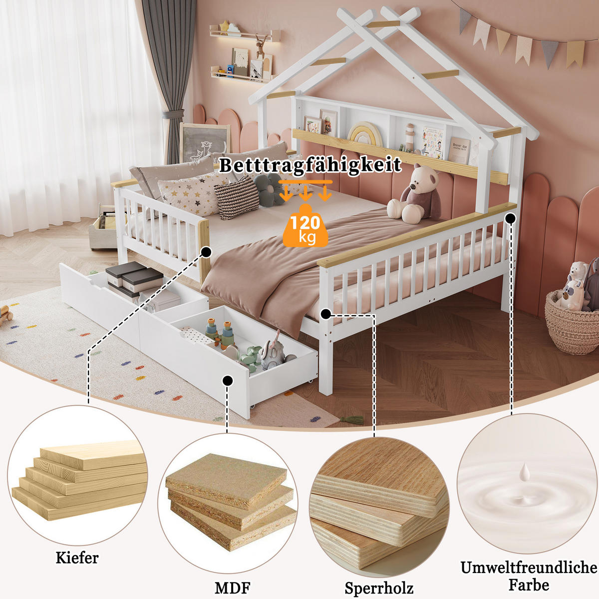 DETSKÁ posteľ 140/200 cm z masívu a MDF, biela/prírodná, s domčekovým dizajnom a zásuvkami - biela, drevo (140/200cm) - BEAOK