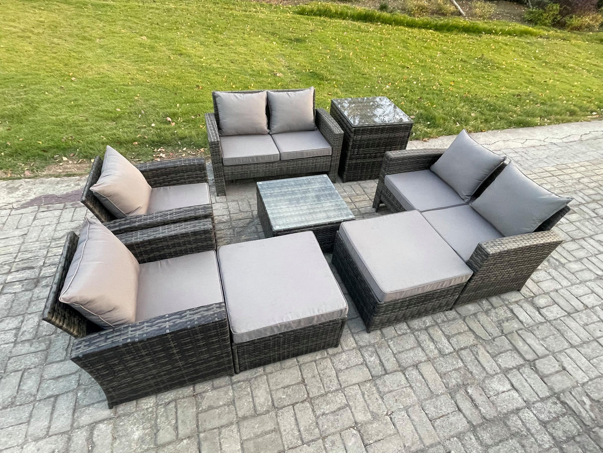 GARTENSOFA SET mit Couchtisch Polyrattan Dunkelgrau 8-Sitzer - Dunkelgrau, Metall - Fimous