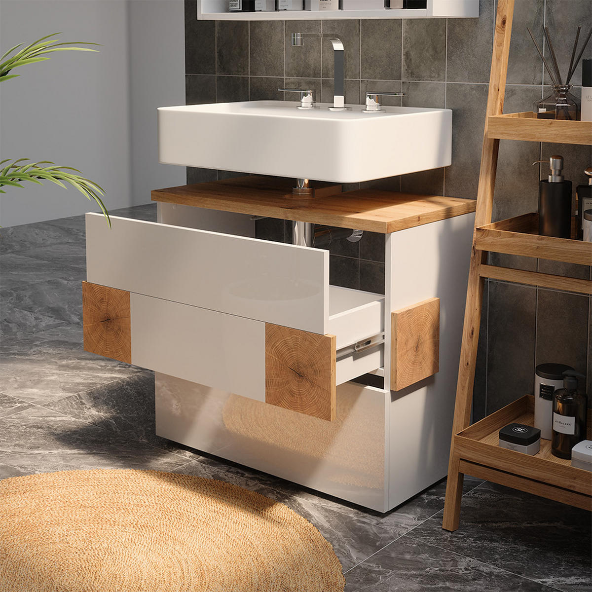 WASCHBECKENUNTERSCHRANK Eden Weiß 70 x 64.5 cm mit 2 Schubladen - Weiß/Eiche Artisan, Holzwerkstoff (70/64.5/37cm) - Vicco
