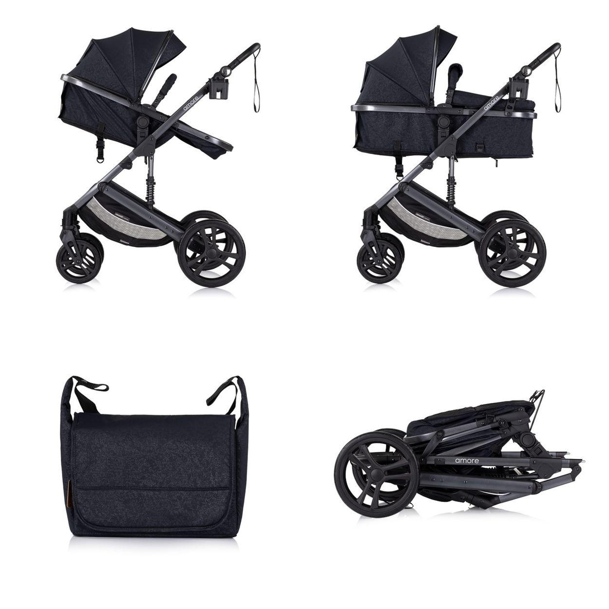 KOMBIKINDERWAGEN 2 in 1 Amore schwarz gemustert Getränkehalter Wickeltasche Fußabdeckung Korb - Schwarz, Metall (95/63/105cm) - Chipolino