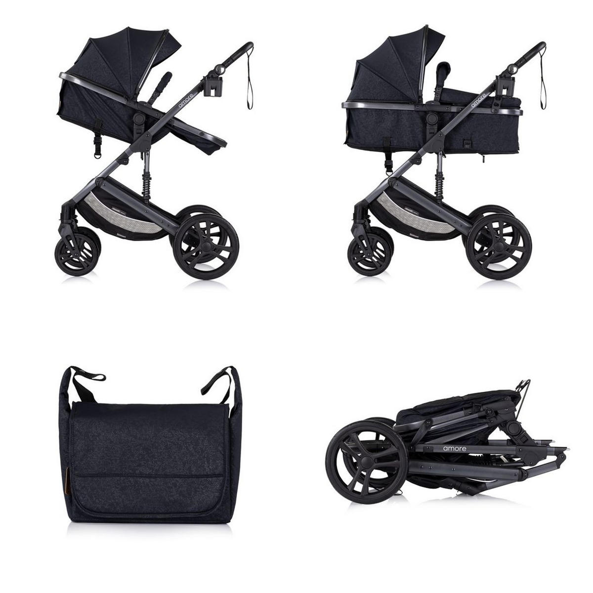 KOMBIKINDERWAGEN 2 in 1 Amore schwarz gemustert Getränkehalter Wickeltasche Fußabdeckung Korb - Schwarz, Metall (95/63/105cm) - Chipolino