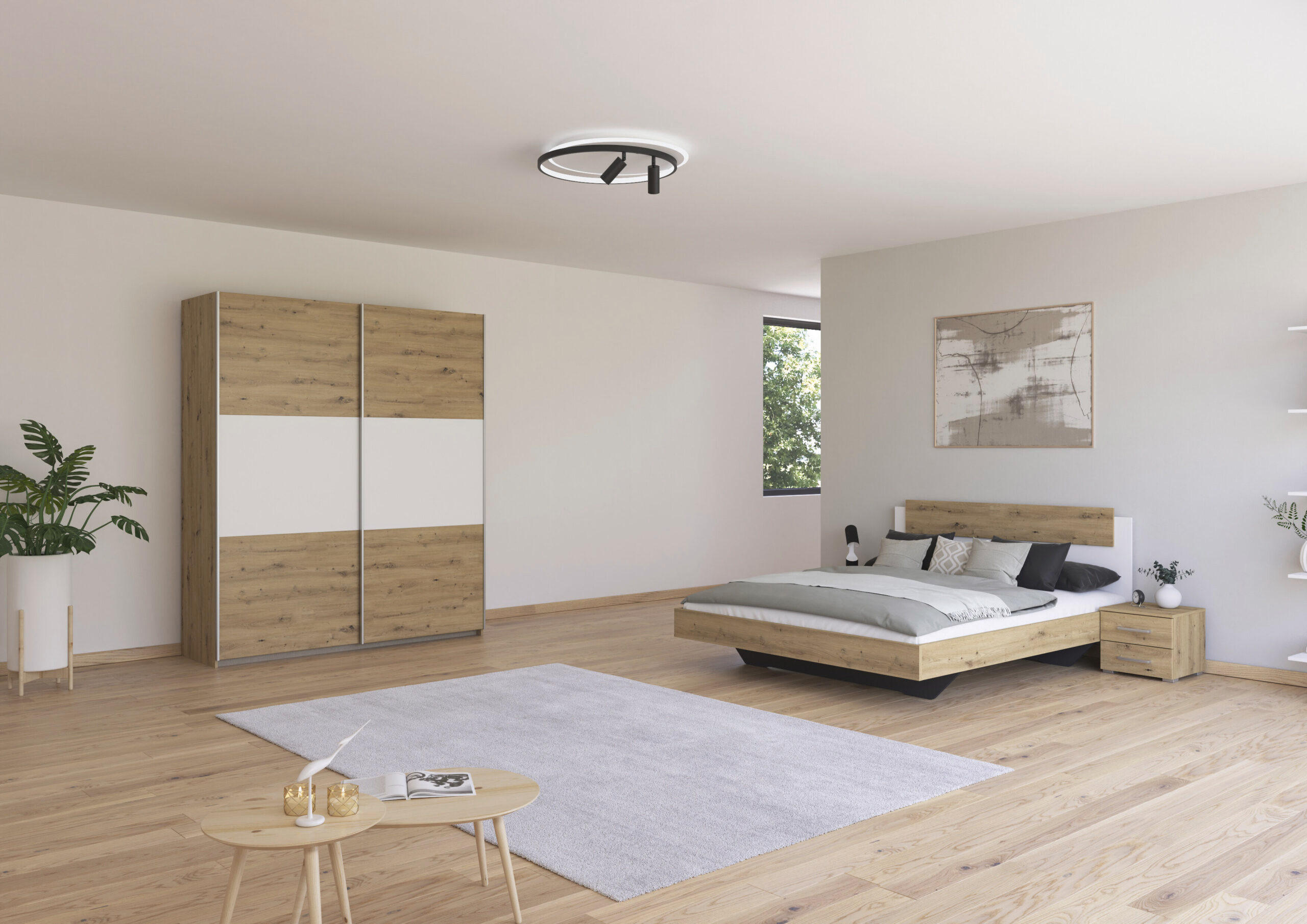 SCHLAFZIMMER Borba in Eiche und Weiß 4 teilig – mit Bettanlage 160x200cm, zwei Nachttisch und Schwebetürenschrank 175cm Breite - Braun, Holzwerkstoff (80/200/120cm)