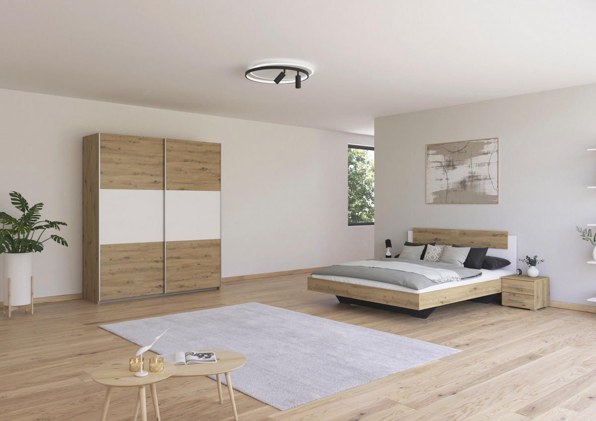 SCHLAFZIMMER Borba in Eiche und Weiß 4 teilig – mit Bettanlage 160x200cm, zwei Nachttisch und Schwebetürenschrank 175cm Breite - Braun, Holzwerkstoff (80/200/120cm)