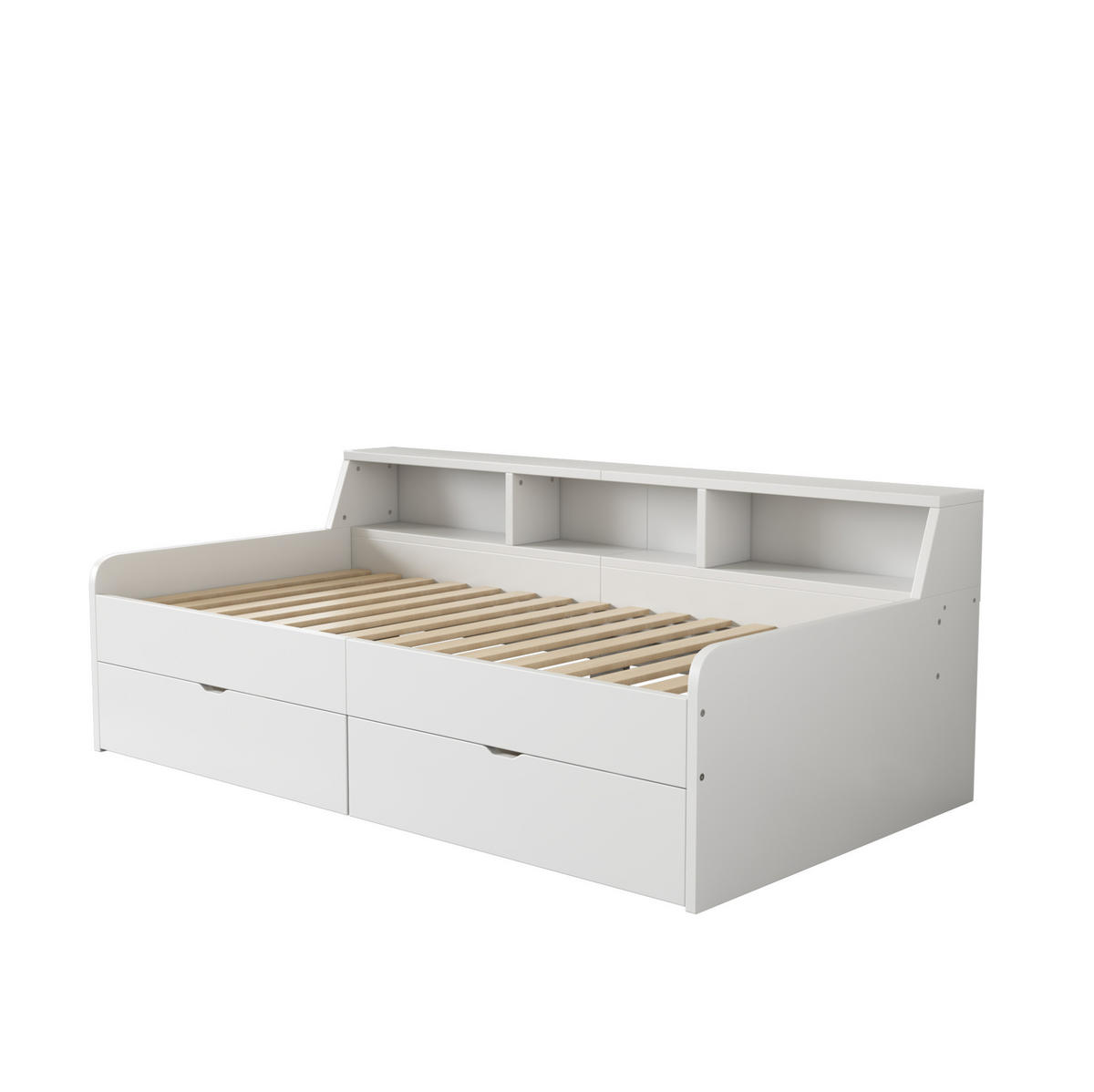 TAGESBETT 90/200 cm mit 2 Schubladen und 3 Ablagefächern aus Kiefern und MDF, Weiß - Weiß, Holzwerkstoff (90/200cm) - Redom